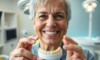 Prothèse dentaire sans palais tenue par un patient souriant