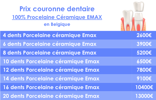 Tableau des prix des couronnes dentaires en porcelaine céramique EMAX